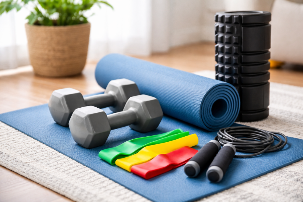 👉 “Home workout equipment for total body wellness including dumbbells, yoga mat, and resistance bands”